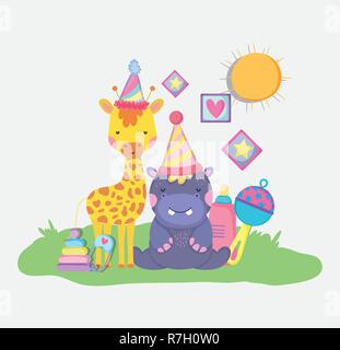 Giraffen und Flusspferde mit Party Hut baby dusche Stock Vektor