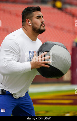 Landover, MD, USA. 9 Dez, 2018. New York riesiger erwärmt, bevor ein NFL Football Spiel zwischen den Washington Redskins und die New York Giants bei FedEx Feld in Landover, Md. Justin Cooper/CSM/Alamy leben Nachrichten Stockfoto