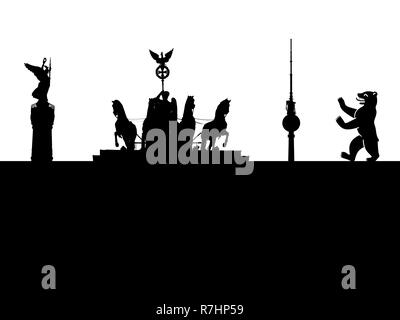 Berlin City Skyline mit Silhouetten der Siegessäule, die Quadriga des Brandenburger Tor, der Fernsehturm, der Berliner Bär, Schwarz und Weiß mit Kopie Raum Stockfoto