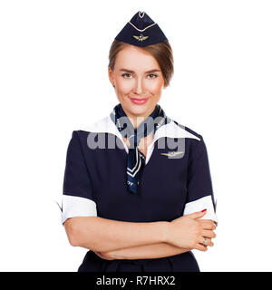 Juni 30, Air Hostess 2015 neue Uniform der nationalen russischen Fluggesellschaft Aeroflot, Skyteam Mitglied, auf weißem Hintergrund Stockfoto