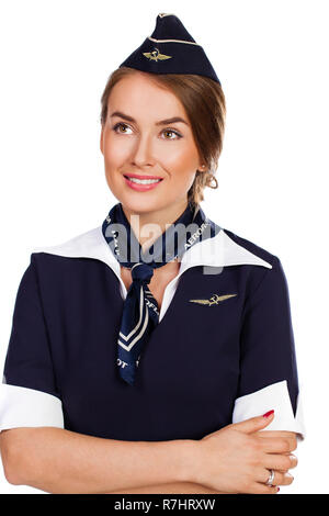 Juni 30, Air Hostess 2015 neue Uniform der nationalen russischen Fluggesellschaft Aeroflot, Skyteam Mitglied, auf weißem Hintergrund Stockfoto