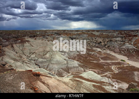 Badlands der Painted Desert im Rahmen einer Versammlung regen Sturm im Petrified Forest National Park, Arizona. Stockfoto