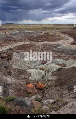 Badlands der Painted Desert im Rahmen einer Versammlung regen Sturm im Petrified Forest National Park, Arizona. Stockfoto