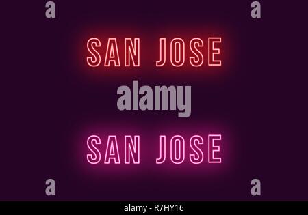 Neon Name der Stadt San Jose in den USA. Vektor Text von San Jose, Neon Beschriftung mit Hintergrundbeleuchtung Fett Stil, rot und rosa Farben. Isolierte glühende Titel Stock Vektor