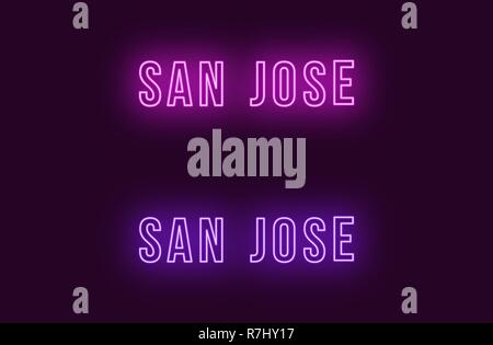 Neon Name der Stadt San Jose in den USA. Vektor Text von San Jose, Neon Beschriftung mit Hintergrundbeleuchtung Fett Stil, Lila und violetten Farben. Glühende isoliert Stock Vektor