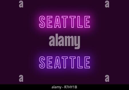 Neon Name des Seattle City in den USA. Vektor Text von Seattle, Neon Beschriftung mit Hintergrundbeleuchtung Fett Stil, Lila und violetten Farben. Isolierte glühende Ti Stock Vektor