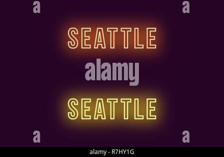 Neon Name des Seattle City in den USA. Vektor Text von Seattle, Neon Beschriftung mit Hintergrundbeleuchtung Fett Stil, orangen und gelben Farben. Isolierte glühende Ti Stock Vektor