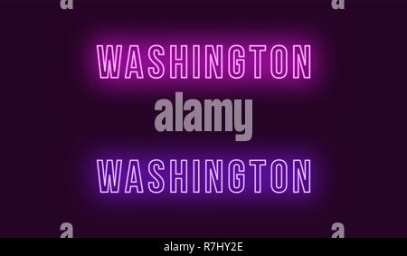 Neon Name von Washington City in den USA. Vektor Text von Washington, Neon Beschriftung mit Hintergrundbeleuchtung Fett Stil, Lila und violetten Farben. Isolierte Leuchten Stock Vektor