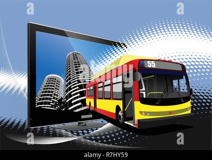 Gepunktete blaue Hintergrund mit Flachbild Computer Monitor und bus Bild. Vector Illustration Stock Vektor