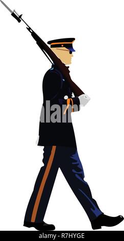 Amerikanischer Soldat während einer Militärparade. Vector Illustration auf weißem Hintergrund Stock Vektor