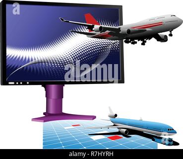 Gepunktete blaue Hintergrund mit Flachbild Computer Monitor mit Passagierflugzeug. Display. Vector Illustration Stock Vektor