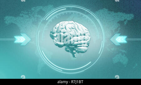 Gehirn und Glühbirne gerenderten 3D-HUD Abbildung n vor der digitalen Karte der Welt Stockfoto