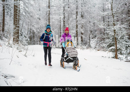 Mutter mit Baby Stroller genießen Winter Wald mit Freundin oder Partner, Zeit mit der Familie. Wandern und Laufen Frau mit Schlitten pram, Teamarbeit conce Stockfoto