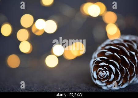 Fichte Kegel gegen glühende Weihnachtsbeleuchtung Stockfoto