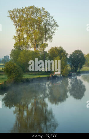 Nebel steigt um Boote auf dem Fluss Themse günstig bei Wallingford in der Morgendämmerung, von Wallingford Bridge Stockfoto