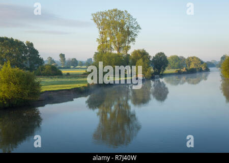 Nebel steigt um Boote auf dem Fluss Themse günstig bei Wallingford in der Morgendämmerung, von Wallingford Bridge Stockfoto