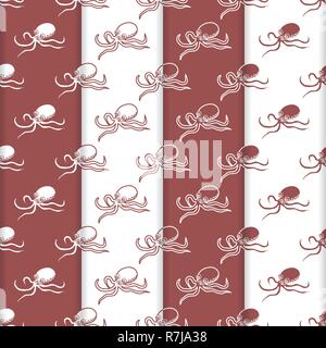 Satz 4 Vector nahtlose Muster mit Kraken. Meer Einwohner. Tiere unter Wasser. Design für die Verpackung, Stoff, marine Hintergrund drucken. Stock Vektor