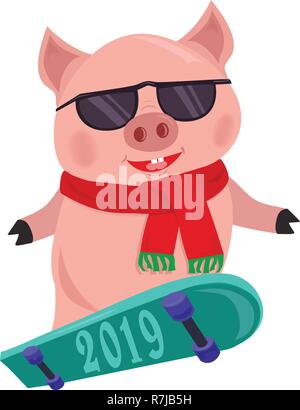 Isolierte cartoon Piggy, Symbol 2019 Eislaufen auf dem Board. Kinder Buch Abbildung skateboarding piggy. Stock Vektor