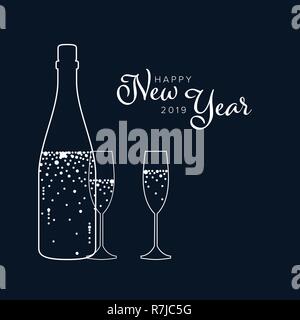 Minimalistische neues Jahr party Flyer Karte Einladung temlate mit Champagner Flasche und Gläser auf dunkelblauem Hintergrund Stock Vektor