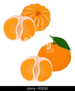 Mandarinen, Mandarine, Clementine mit Blättern auf weißem Hintergrund. Zitrusfrüchte. Lustige cartoon Charakter. Vector Illustration Stock Vektor