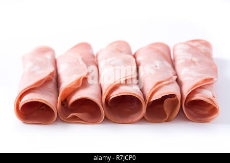 Mortadella Schichten auf weißem Hintergrund Stockfoto