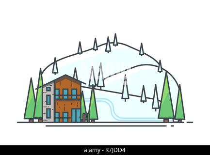 Ski Resort Urlaub. Grosse moderne Ferienhäuser Holzhaus mit Bäumen. Berge und Hügel mit Schnee bedeckt. Moderne Linie Vektor illus Stock Vektor