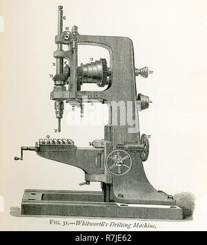 Diese Abbildung stammt aus dem Jahr 1870 und zeigt die Whitworth Bohrmaschine. Sir Joseph Whitworth (1803-1887) war ein englischer Ingenieur, Erfinder, Unternehmer und Philanthrop.[2] In 1841, plante er den Britischen Standard Whitworth System. Obwohl er nicht große Entwicklungen wie Eisenbahnen und Dampfschiffe nehmen, er produzierte die Werkzeugmaschinen, die diese Entwicklung möglich gemacht haben. Hier sehen Sie eine der Bohrmaschinen er für Bohrungen in Metall entwickelt. Eine ist die starke Rahmung, die in einem Stück gegossen wird, um es so steif wie möglich zu machen. Der Strom wird von der Anwendung Stockfoto