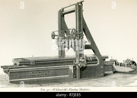 Diese Abbildung stammt aus dem Jahr 1870 und zeigt die Whitworth Bohrmaschine. Sir Joseph Whitworth (1803-1887) war ein englischer Ingenieur, Erfinder, Unternehmer und Philanthrop. 1841, plante er den Britischen Standard Whitworth System. Obwohl er nicht große Entwicklungen wie Eisenbahnen und Dampfschiffe nehmen, er produzierte die Werkzeugmaschinen, die diese Entwicklung möglich gemacht haben. Hier sehen Sie eine der Hobelmaschinen. Die Arbeit geplant werden ist fest nach unten auf den Tisch verschraubt, ein, die sich auf die Ꮩ-geformte Oberflächen, läuft die gesamte Länge, und passgenau in correspon Stockfoto