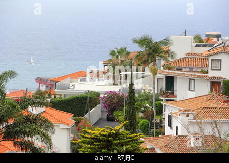 Häuser und Gärten am Hang über dem Meer in Funchal auf Madeira Stockfoto