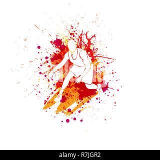 Weiße Basketball player Silhouette auf orange ink Blots isoliert Splash Stock Vektor