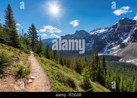 Berg Wanderweg in den Rocky Mountains mit schneebedeckten Gipfeln Stockfoto