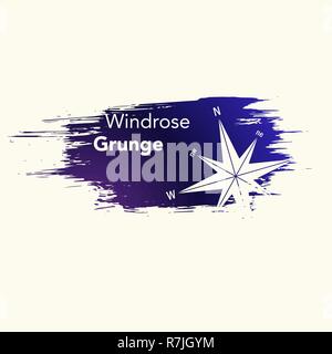 Dunkelblau grunge Blot mit gelben Text und windrose Silhouette Stock Vektor