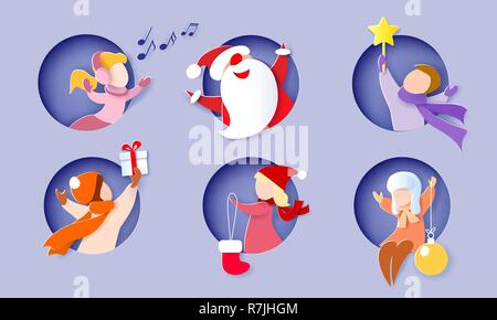 Weihnachten und Neujahr Karte. Kinder und Santa Claus, rundes Loch, Junge, Mädchen. Vector Illustration. Papier geschnitten und Handwerk Stil. Stock Vektor