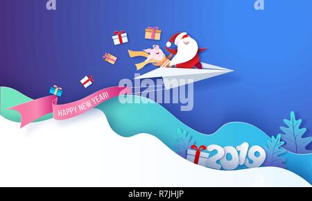 2019 Neues Jahr card Design. Santa Claus und lustigen Schwein fluing auf Papier Flugzeug auf blauem Hintergrund. Vektor Papier geschnitten Art Illustration für Promotion Banner, Header, Plakate, Aufkleber Stock Vektor