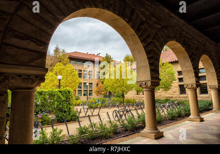 Campus der Stanford University, Palo Alto, Kalifornien, USA, an einem verregneten Herbsttag. Stockfoto