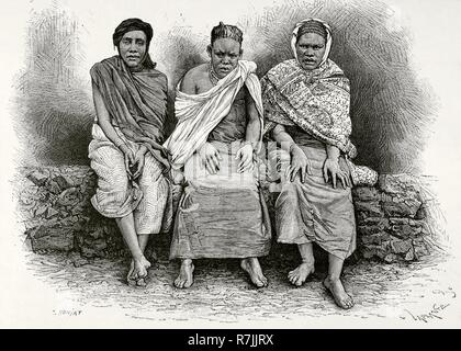 Afrika Zentrale. Tres mujeres del País de Gambaragara (Uganda), Pertenecientes al cuerpo expedicionario. Dibujo por Etienne Ronjat. Grabado por C. Laplante. Afrika Inexplorada, El Continente Misterioso, por Henry Morton Stanley, h. 1887. Biblioteca Histórico Militar de Barcelona, Cataluña, Spanien. Stockfoto