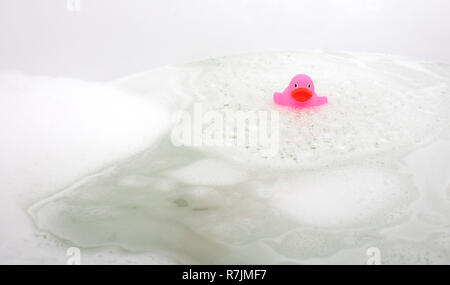 Rosa Ente in eine Badewanne, Seife umgeben Stockfoto