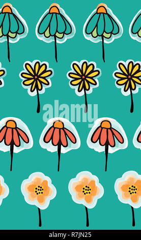 Doodle Blumen nahtlose Muster auf einer teal Hintergrund. Perfekt für die Kinder. Nettes einfaches Design. Stoff, Papier, Tapeten, Kinder Einrichtung, Kleidung der Kinder, Frühling, Sommer, Geschenkverpackung Stockfoto