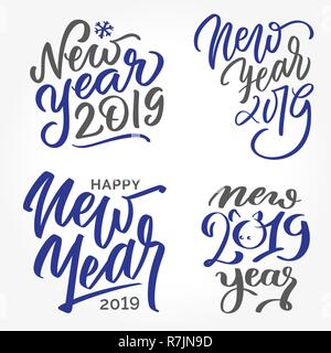 Frohes Neues Jahr 2019 - Satz von Hand geschrieben Schrift zwei farbiger Text, Kalligraphie. Typografie. Sammlung von Gold Card Template mit Begrüßungen in Französisch. Flyer, Banner, Poster Stock Vektor