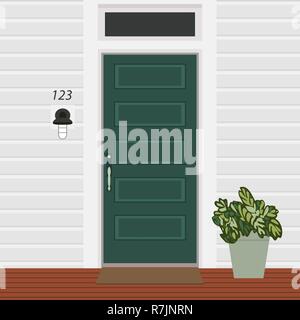 Haus Tür vorne mit Tür und Mat, Lampe, Blumen, Gebäude Eintrag Fassade, außen Eingang Design Illustration Vektor im flachen Stil Stock Vektor