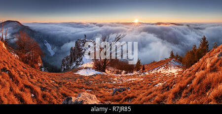 Über den Wolken im Winter - Berge bei Sonnenuntergang landcape, Slowakei Stockfoto