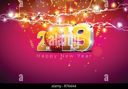 2019 Happy New Year Illustration mit 3D Goldzahl, Disco Ball und Lichter Girlande auf violettem Hintergrund. Feiertagsdesign für Flyer, Grußkarte Stock Vektor