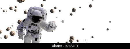 Astronaut zwischen abstrakten geometrischen Objekten mit weißem Hintergrund fliegen Stockfoto