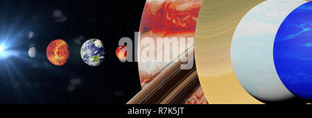 Die Planeten des Sonnensystems, die von der Sonne beleuchtet, Größe Vergleich Stockfoto