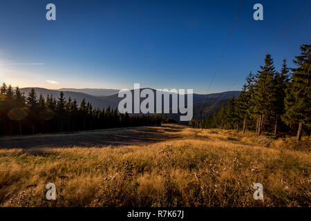 Herbst Blick auf den Hang in Kouty nad Desnou mit grünen Bäumen, gelb Gras und Dunkelblauen Himmel Stockfoto