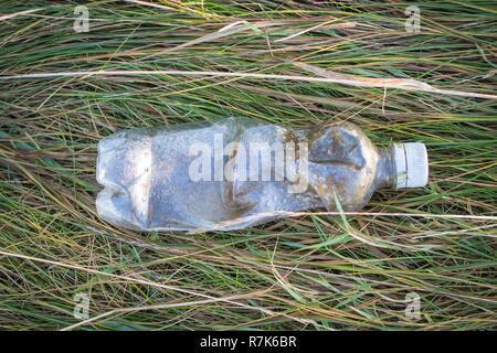 Entsorgte Plastikflasche, die auf Gras liegt, weist Anzeichen von Witterungseinflüssen auf. Stockfoto