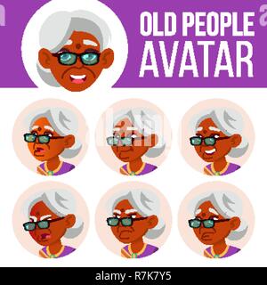 Indische alte Frau Avatar Set Vektor. Hindu. Asiatische. Gesicht Emotionen. Ältere Person Porträt. Ältere Menschen. Im Alter. Emotionen, Emotionalen. Freizeitaktivitäten, Lächeln. Cartoon Kopf Abbildung Stock Vektor