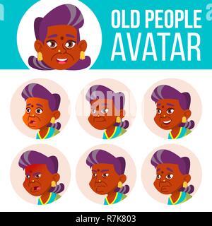 Indische alte Frau Avatar Set Vektor. Hindu. Asiatische. Gesicht Emotionen. Ältere Person Porträt. Ältere Menschen. Im Alter. Gesichtsbehandlung, Leute. Aktive, Freude. Cartoon Kopf Abbildung Stock Vektor