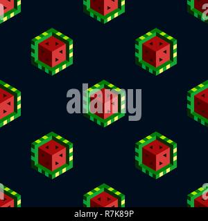 Kubisch kubisch Wassermelonen auf dunklem Hintergrund. Nahtlose Muster. Flache Vector Illustration Stock Vektor