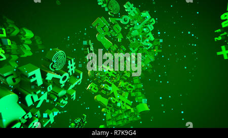 Herrliche 3d-Abbildung der rotierenden Hellgrün computer Anzeichen wie Pfeil, Minus, Plus, Wolken, Schlüssel, Sterne, Wolken, Spiralen, mit Hochfliegenden squ Stockfoto